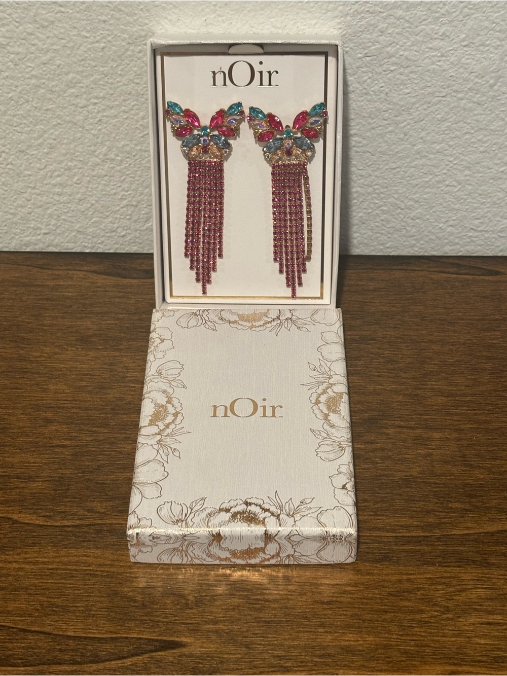 nOir Jewelry Pink Tassel Drop Earrings with Multicolor Stones